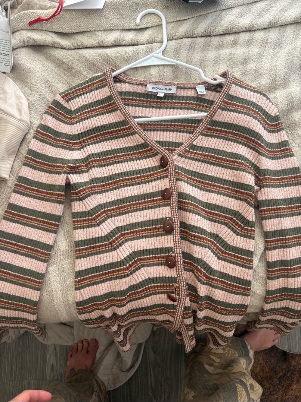 Veronica Beard Pink, Olive & Brown Striped Ribbed V-Neck Cardigan
